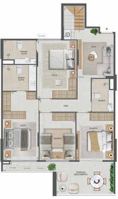 Planta 65 - 4 dorm 176,40m² - cobertura duplex - inferior