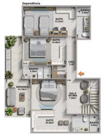 Planta 05 - 3 dorm 178,22m² - cobertura duplex - superior