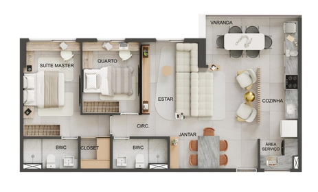 Planta 02 - 2 dorm 70m² - opção 1