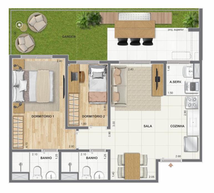 Planta 09 - 2 dorm 67,76m² - garden