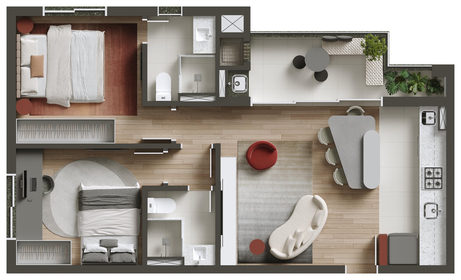 Planta 07 - 2 quartos com 2 suítes 64,02m²