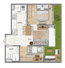 Planta 07 - 2 dorm 47,29m² - garden