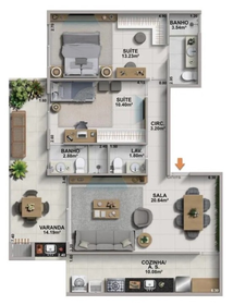 Planta 01 - 2 dorm 89,11m²