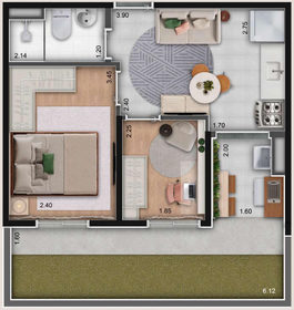 Planta 06 - 1 dorm 43m² - garden
