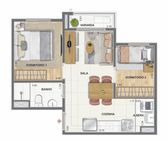 Planta 03 - 2 dorm 36,85m²