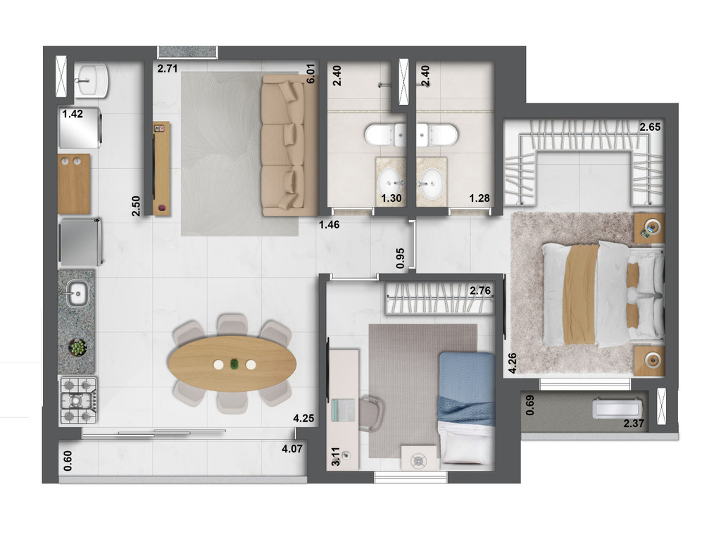 Planta 01 - 2 dorm 68m²
