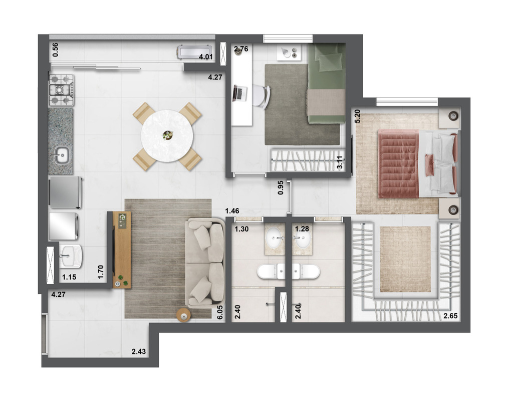 Planta 02 - 2 dorm 71m²