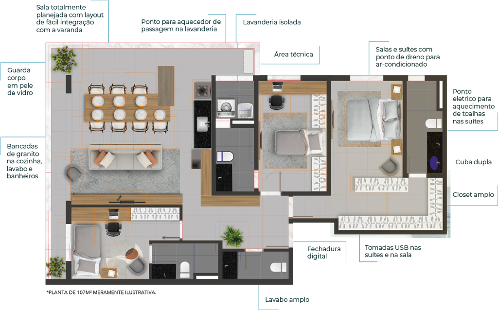 Planta 02 - 3 dorm 107m²