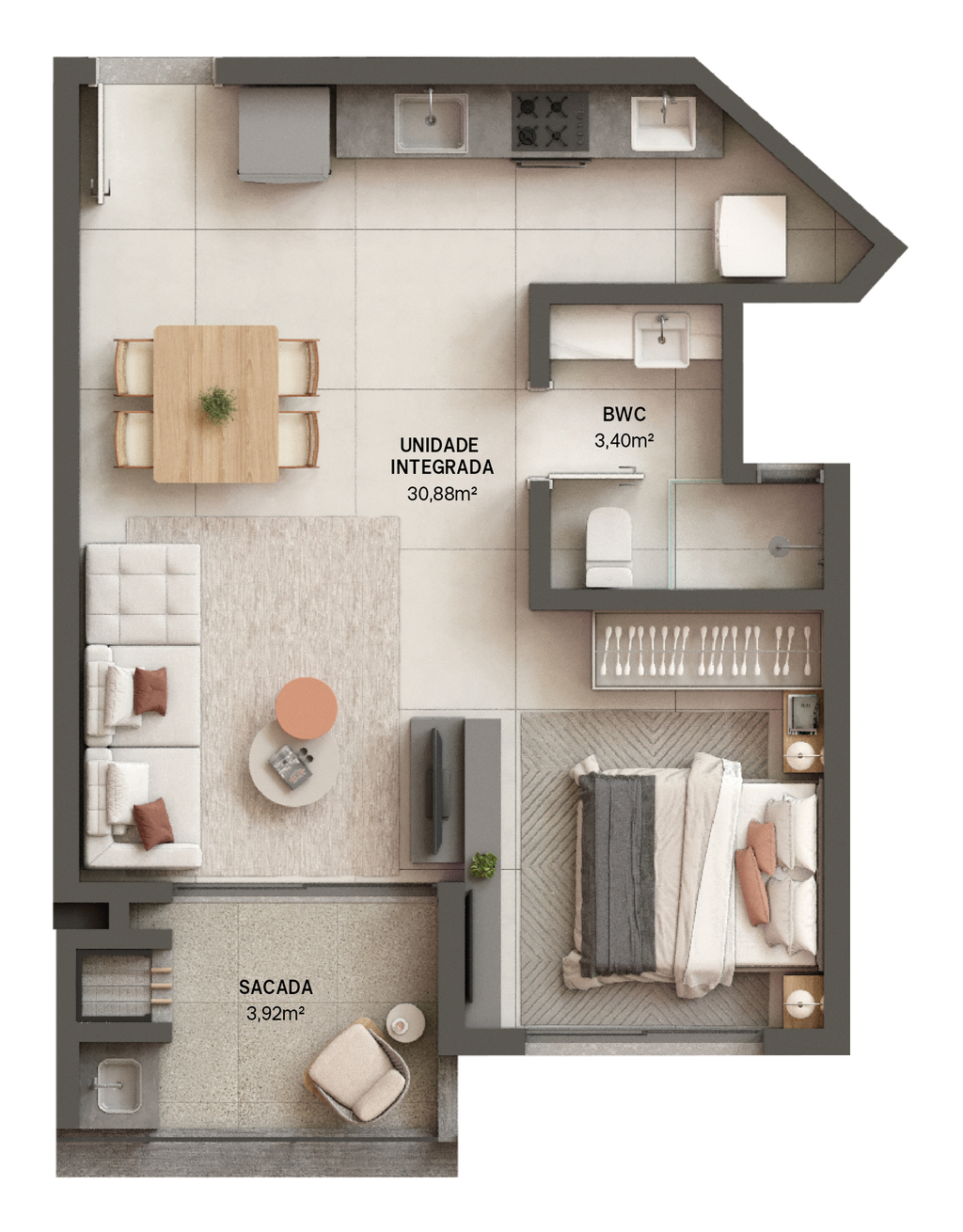 Planta 03 - 1 dorm 44,70m² - studio