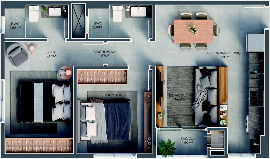 Planta 01 - 2 dorm 60m²