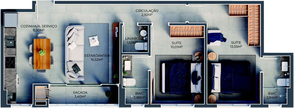 Planta 04 - 2 dorm 70,13m²
