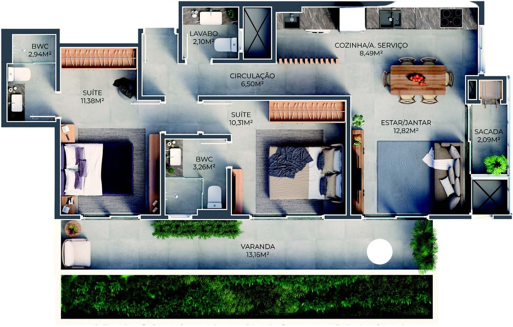 Planta 06 - 2 dorm 86,24m² - garden