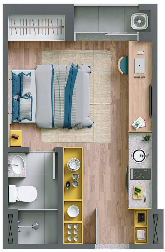 Planta - Planta 02 - 1 dorm 18m² - studio