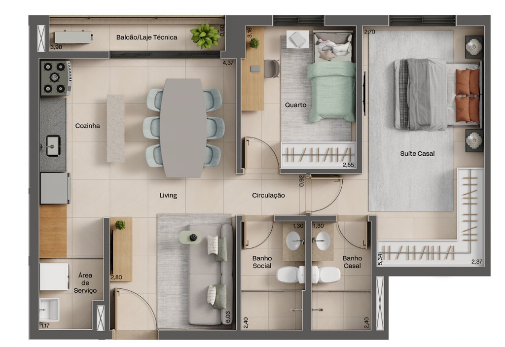 Planta 01 - 2 dorm 69m²