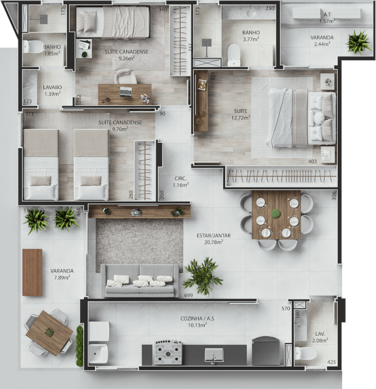 Planta 04 - 3 dorm 96,56m²
