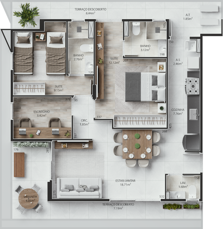 Planta 05 - 3 dorm 96,57m² - garden