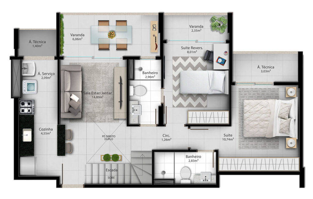 Planta 15 - 2 dorm 131,31m² - duplex - inferior
