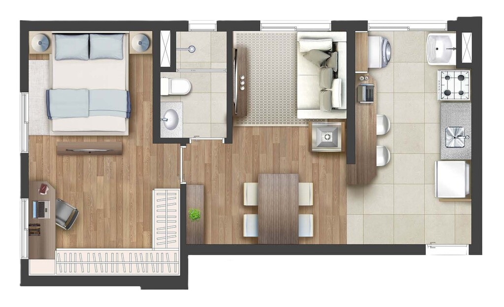 Planta 01 - 1 dorm 42,47m²