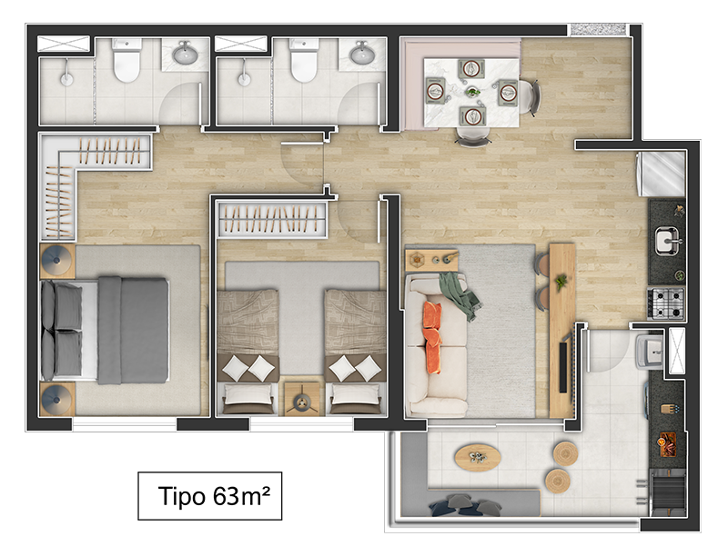 Planta 01 - 2 dorm 63m²