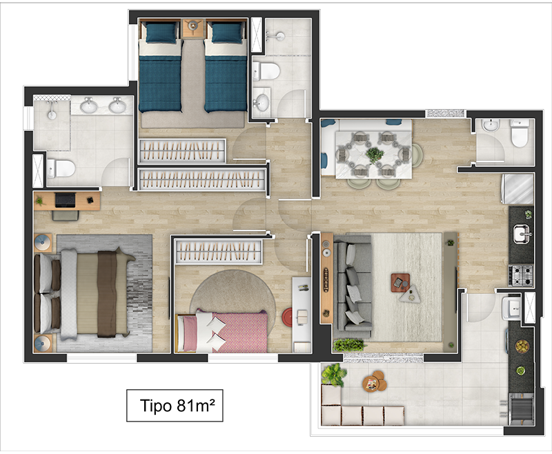 Planta 02 - 3 dorm 81m²