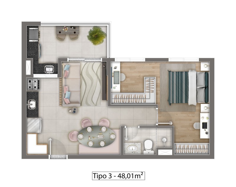 Planta 01 - 1 dorm 48,01m²