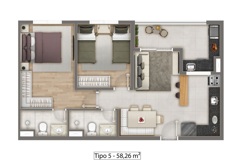 Planta 02 - 2 dorm 58,26m²