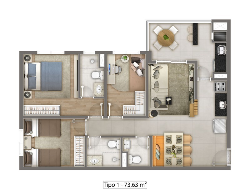 Planta 03 - 2 dorm 73,63m²