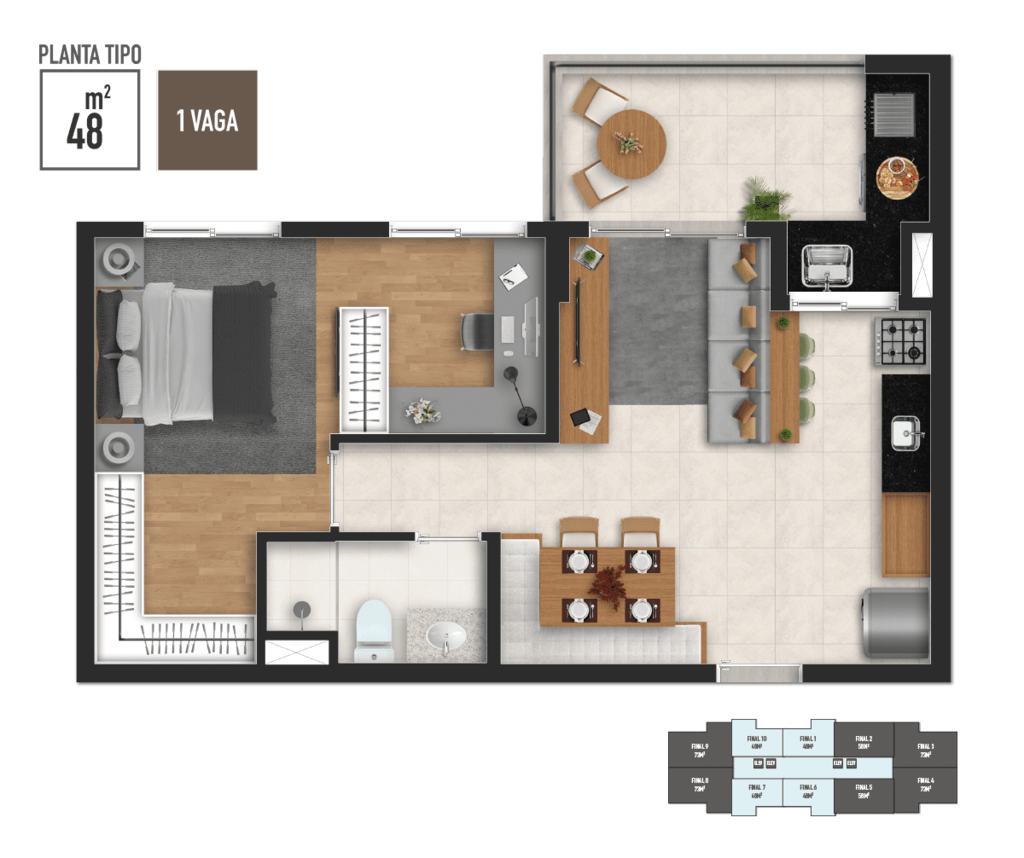 Planta 01 - 1 dorm 48m²
