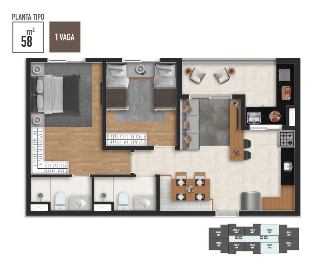 Planta 02 - 2 dorm 58m²