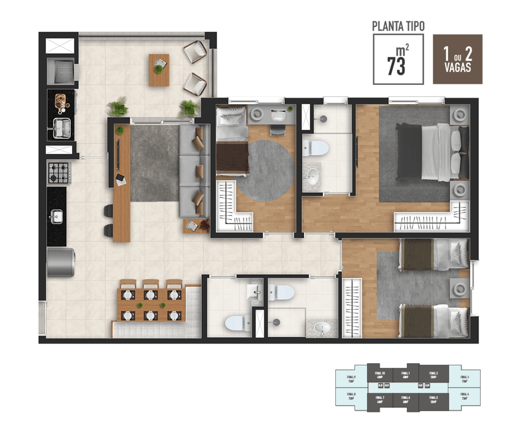 Planta 03 - 3 dorm 73m²