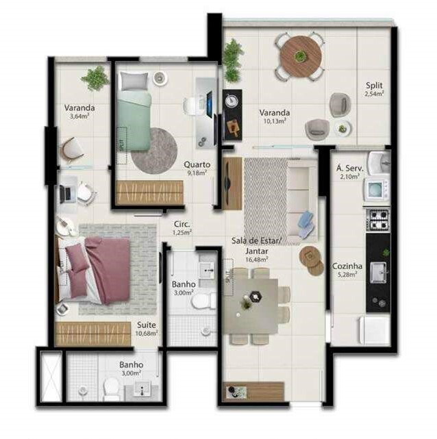 Planta 02 - 2 dorm 76,22m²