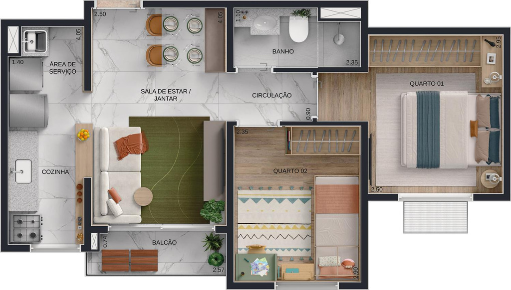 Planta 03 - 2 dorm 44m²