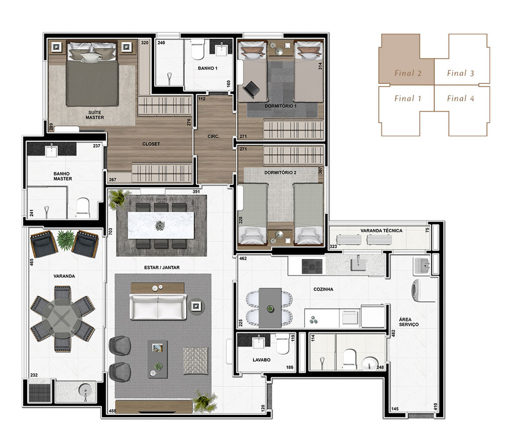 Planta 01 - 3 dorm 128m²