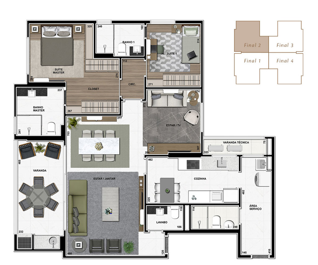 Planta 04 - 2 dorm 128m²