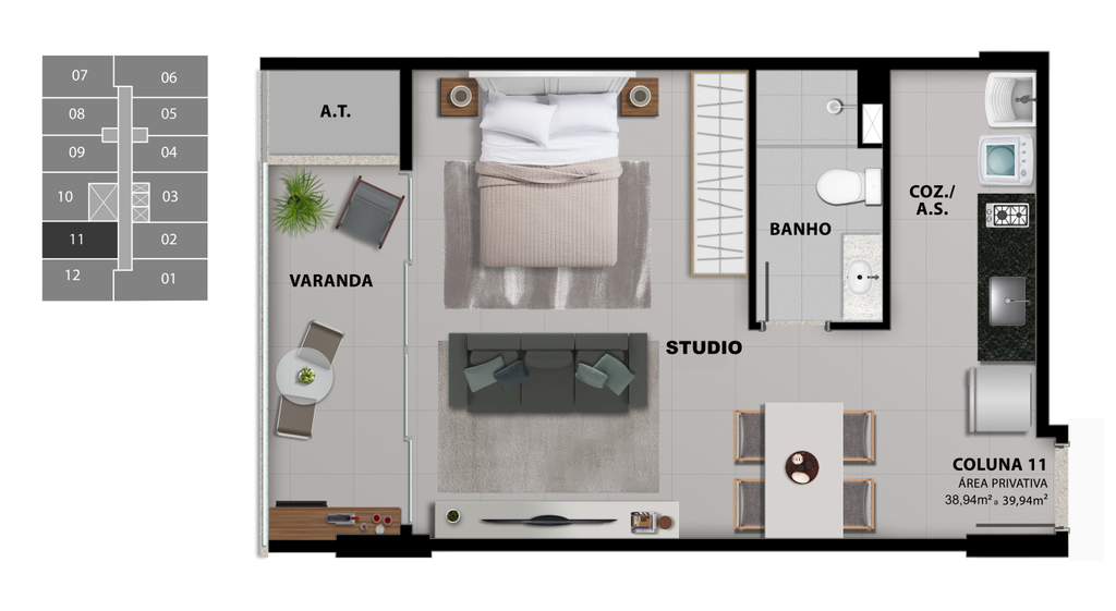 Planta 02 - 1 dorm 38,94m² - studio