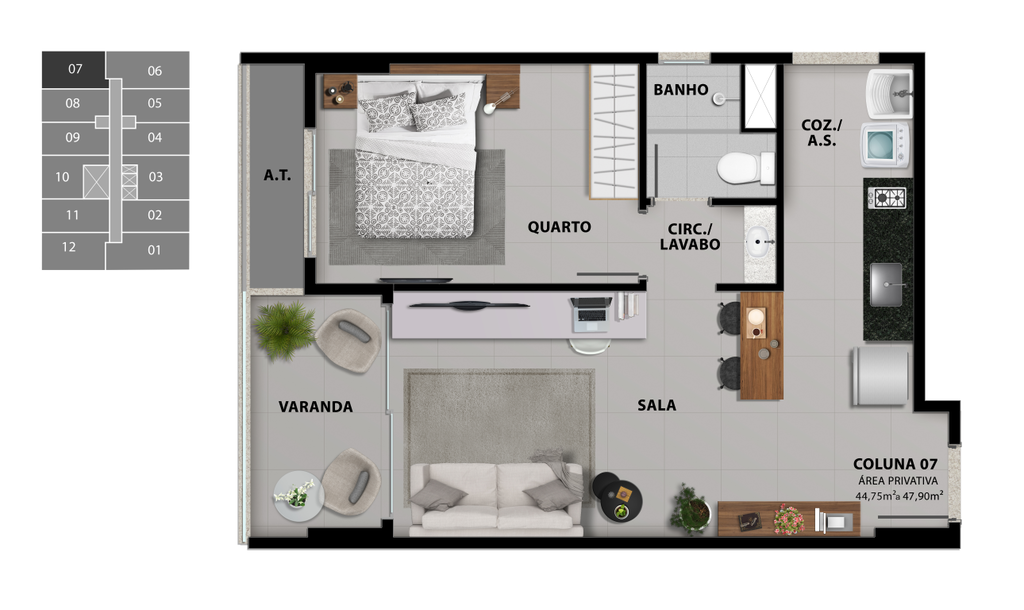 Planta 10 - 1 dorm 44,75m²