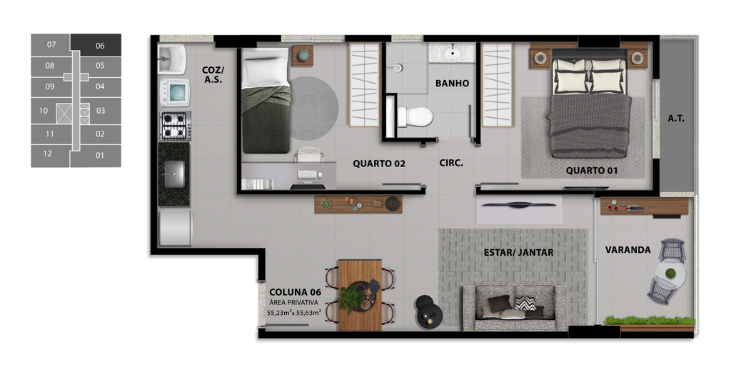 Planta 11 - 2 dorm 55,23m²