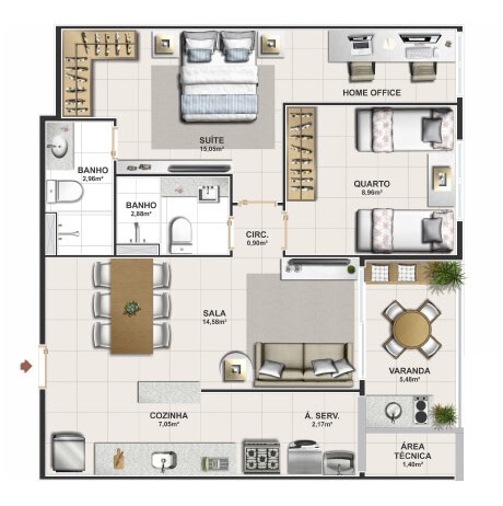 Planta 02 - 2 dorm 69,12m²