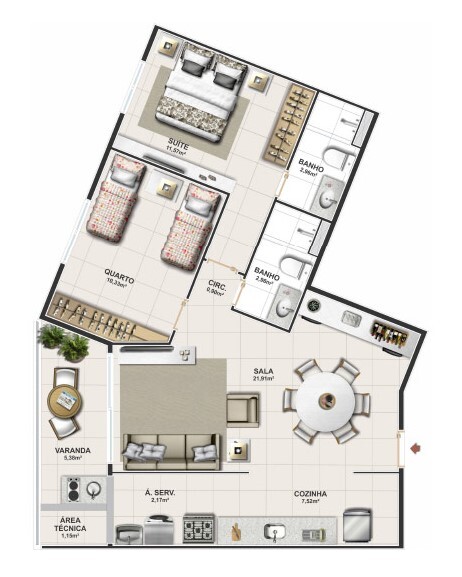 Planta 03 - 2 dorm 74,74m²