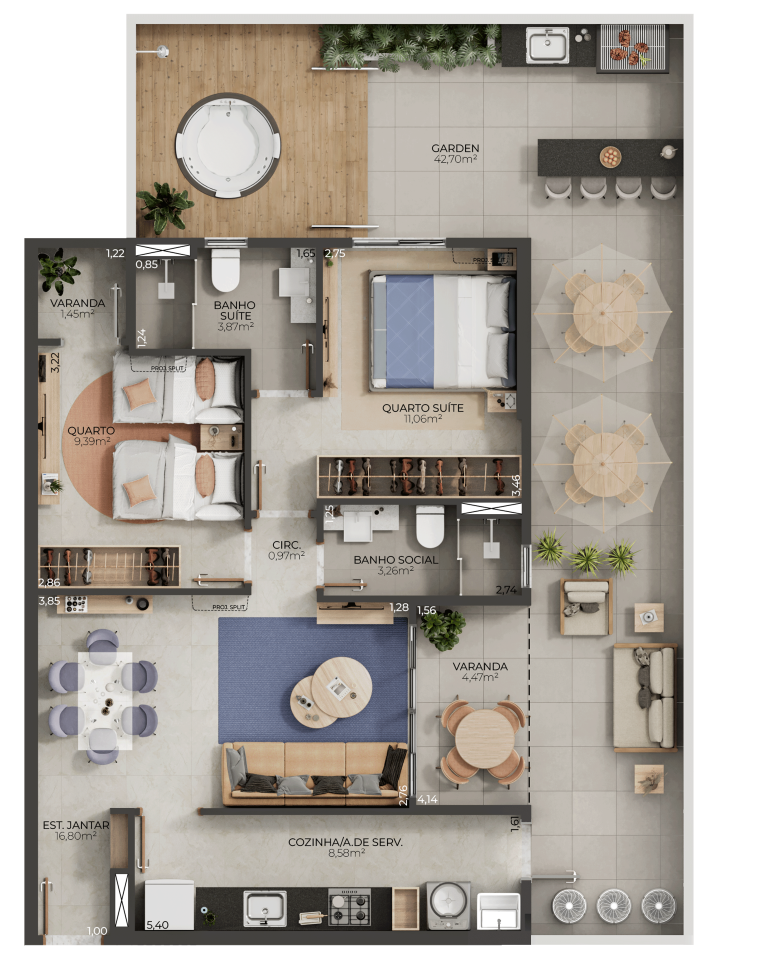 Planta 08 - 2 dorm 113,44m² - garden