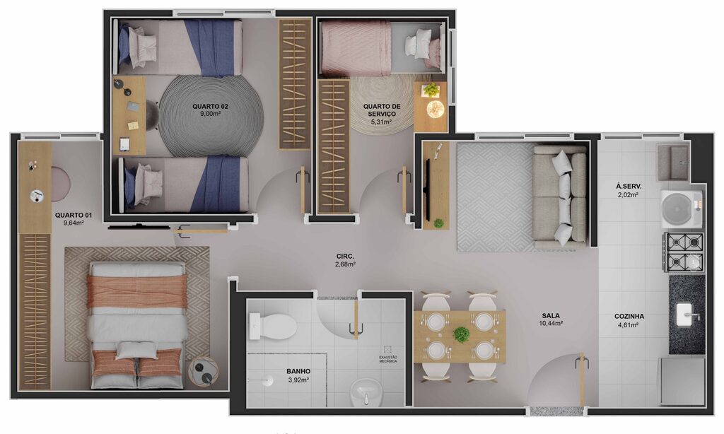 Planta 04 - 3 dorm 54,53m²