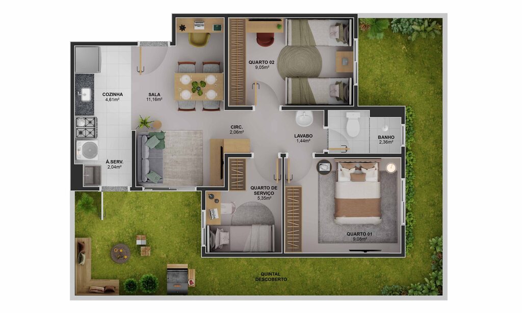Planta 08 - 3 dorm 88,15m² - garden