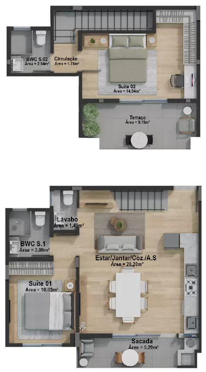 Planta 18 - 2 dorm 86m² - duplex