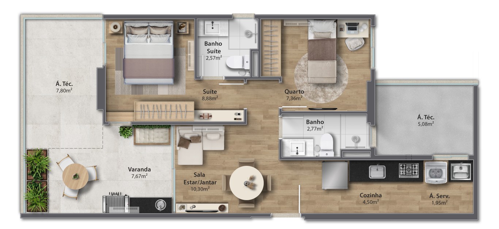 Planta 10 - 2 dorm 76,70m² - garden