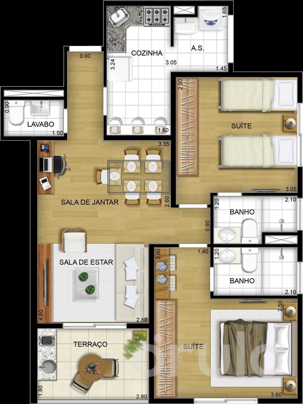 Planta 01 - 2 dorm 64 15m²