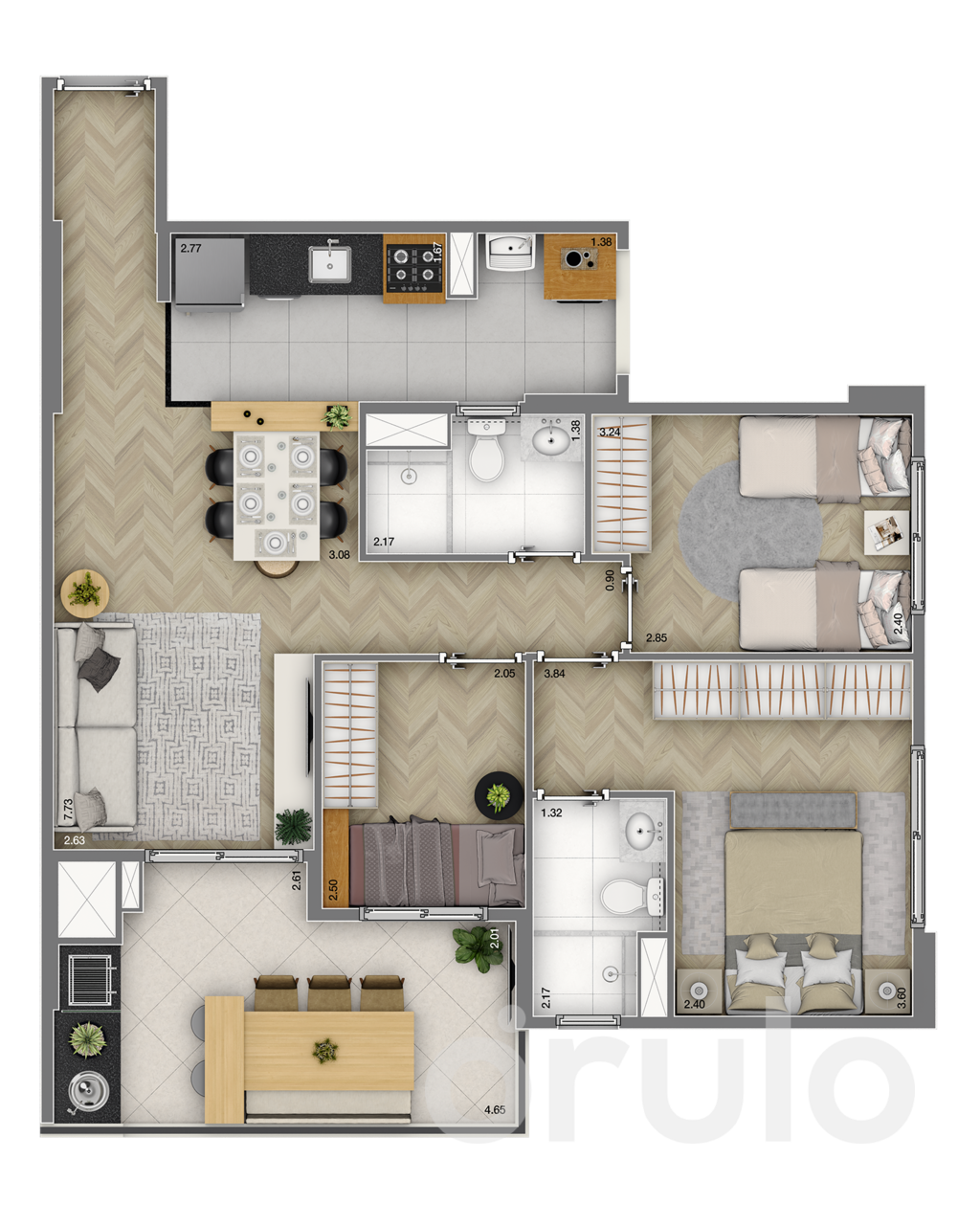 Planta 03 - 3 dorm 74m²