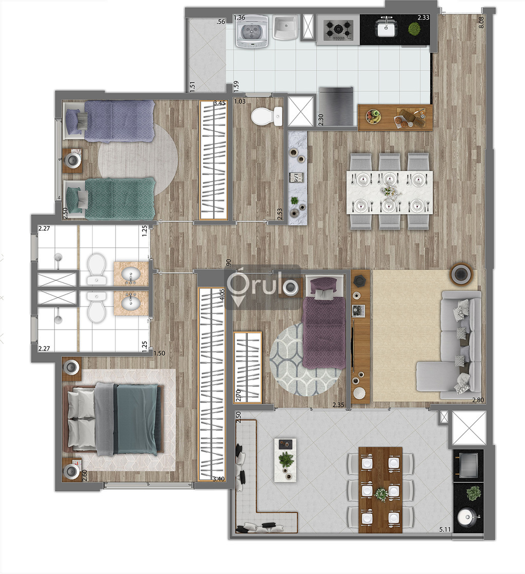Planta 03 - 3 dorm 91m²