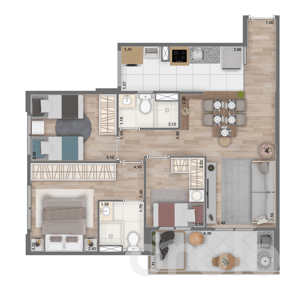 Planta 03 - 3 dorm 69m²