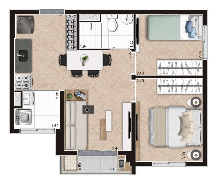 Planta 03 - 2 dorm 38m²