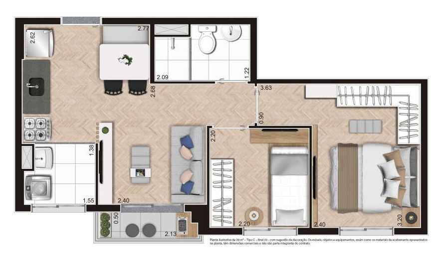 Planta 04 - 2 dorm 39m²